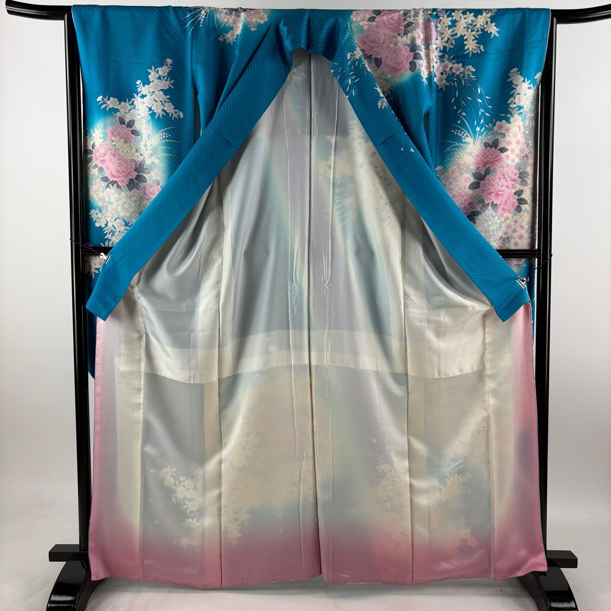 振袖 身丈164cm 裄丈64cm M 袷 桜 牡丹 染め分け 金銀彩 青緑 正絹 秀品 【中古】