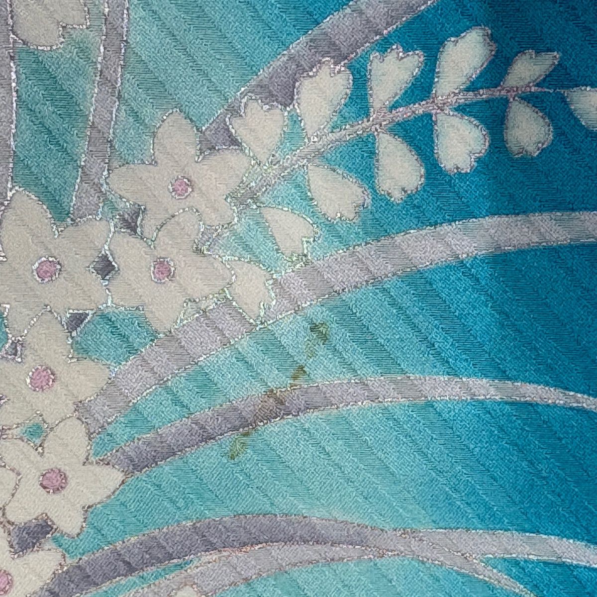 振袖 身丈164cm 裄丈64cm M 袷 桜 牡丹 染め分け 金銀彩 青緑 正絹 秀品 【中古】