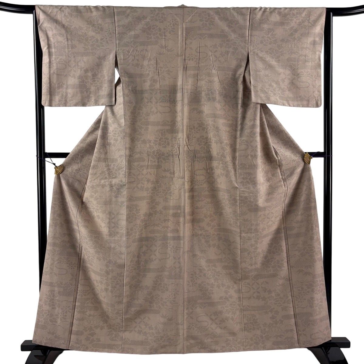 【美品】 紬 身丈160cm 裄丈64cm M 袷 草花 ヱ霞 薄茶色 正絹 秀品 【中古】