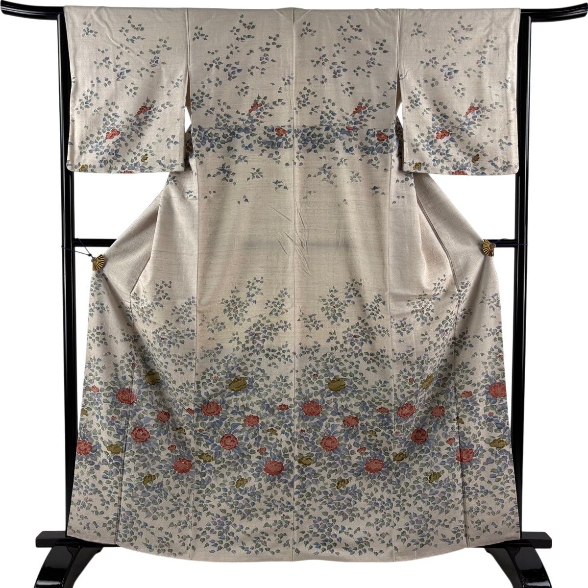訪問着 身丈163cm 裄丈64cm M 袷 紬地 椿 金彩 ピンクベージュ 正絹 秀品 【中古】