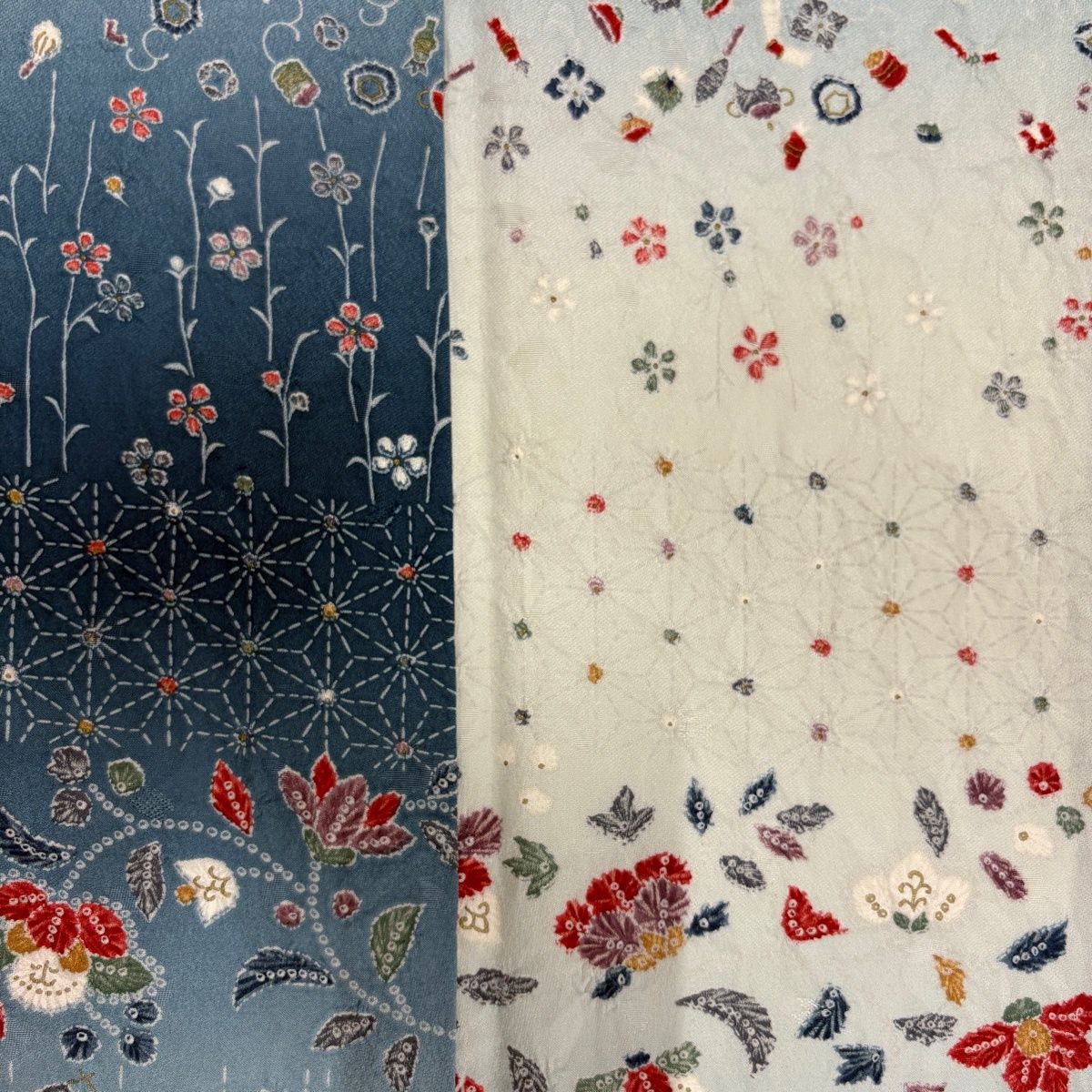 【美品】 小紋 身丈163.5cm 裄丈64cm M 袷 草花 麻の葉 ぼかし 青灰色 正絹 秀品 【中古】