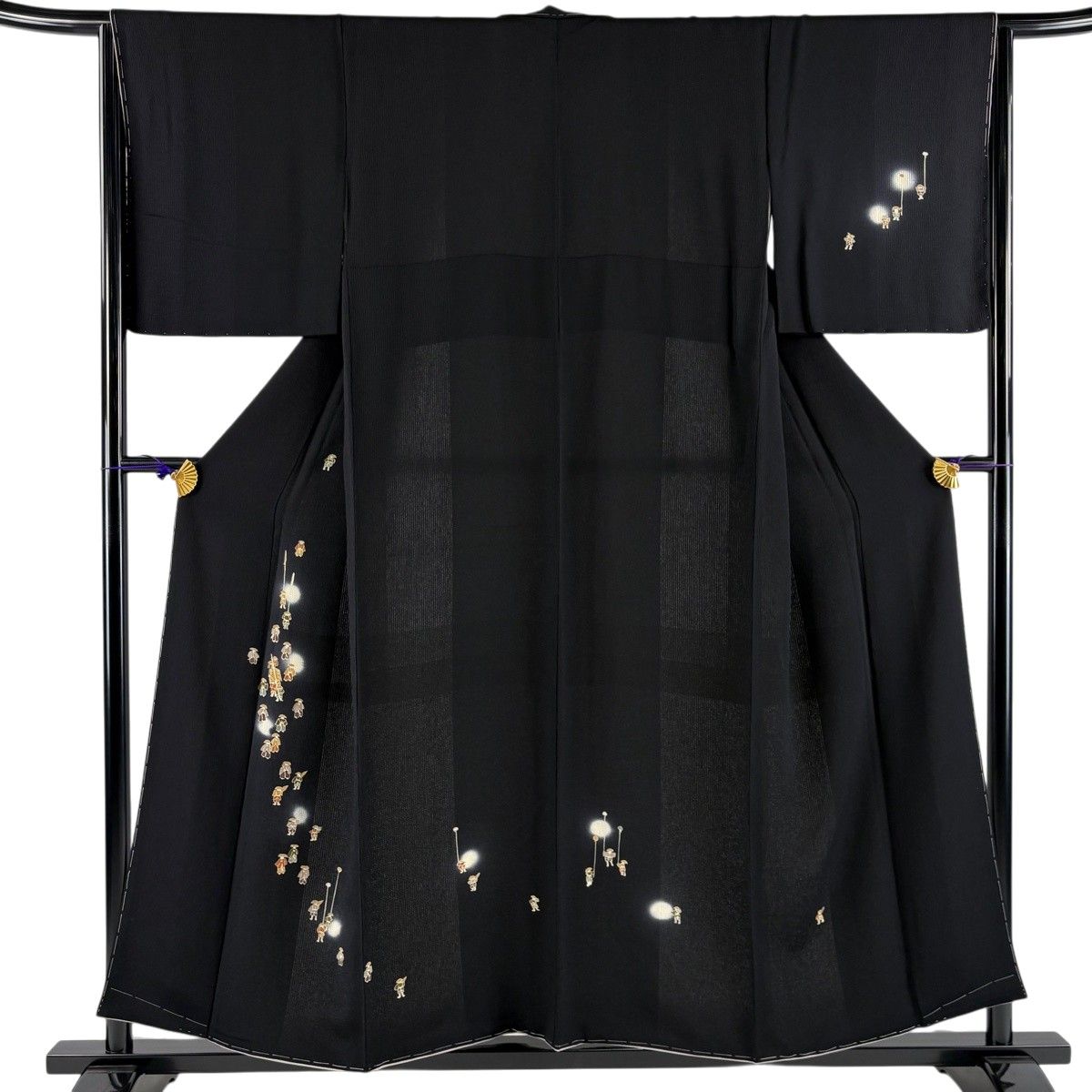 【美品】 付下げ 身丈154cm 裄丈65cm M 袷 やまと 人物行列 ぼかし 黒 正絹 秀品 【中古】