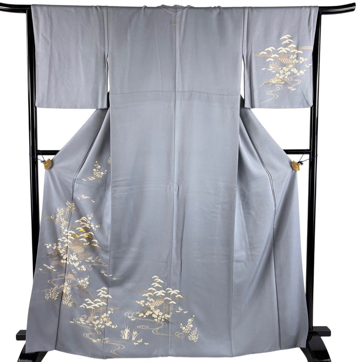 訪問着 身丈167.5cm 裄丈65cm M 袷 松竹梅 草花 金糸 金銀彩 青灰色 正絹 秀品 一つ紋 【中古】
