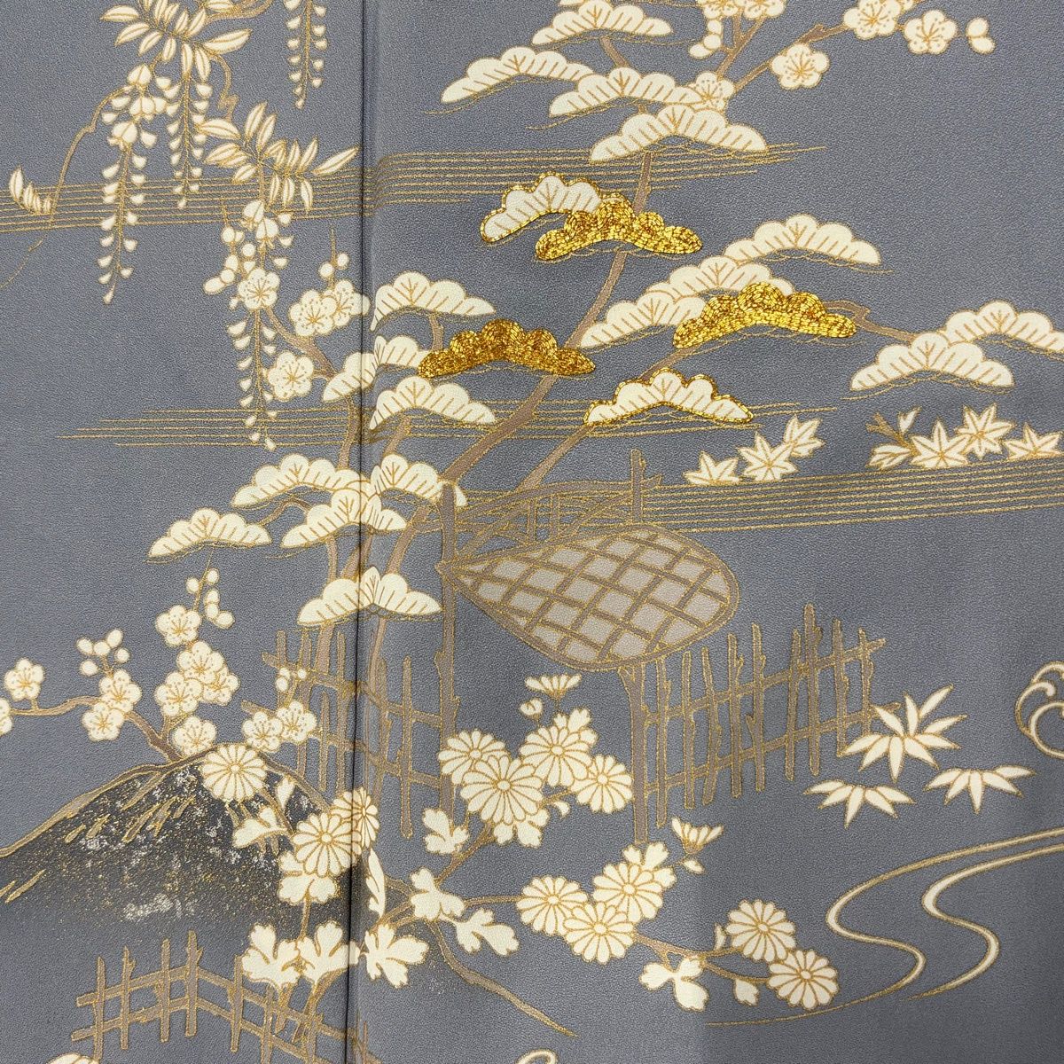 訪問着 身丈167.5cm 裄丈65cm M 袷 松竹梅 草花 金糸 金銀彩 青灰色 正絹 秀品 一つ紋 【中古】