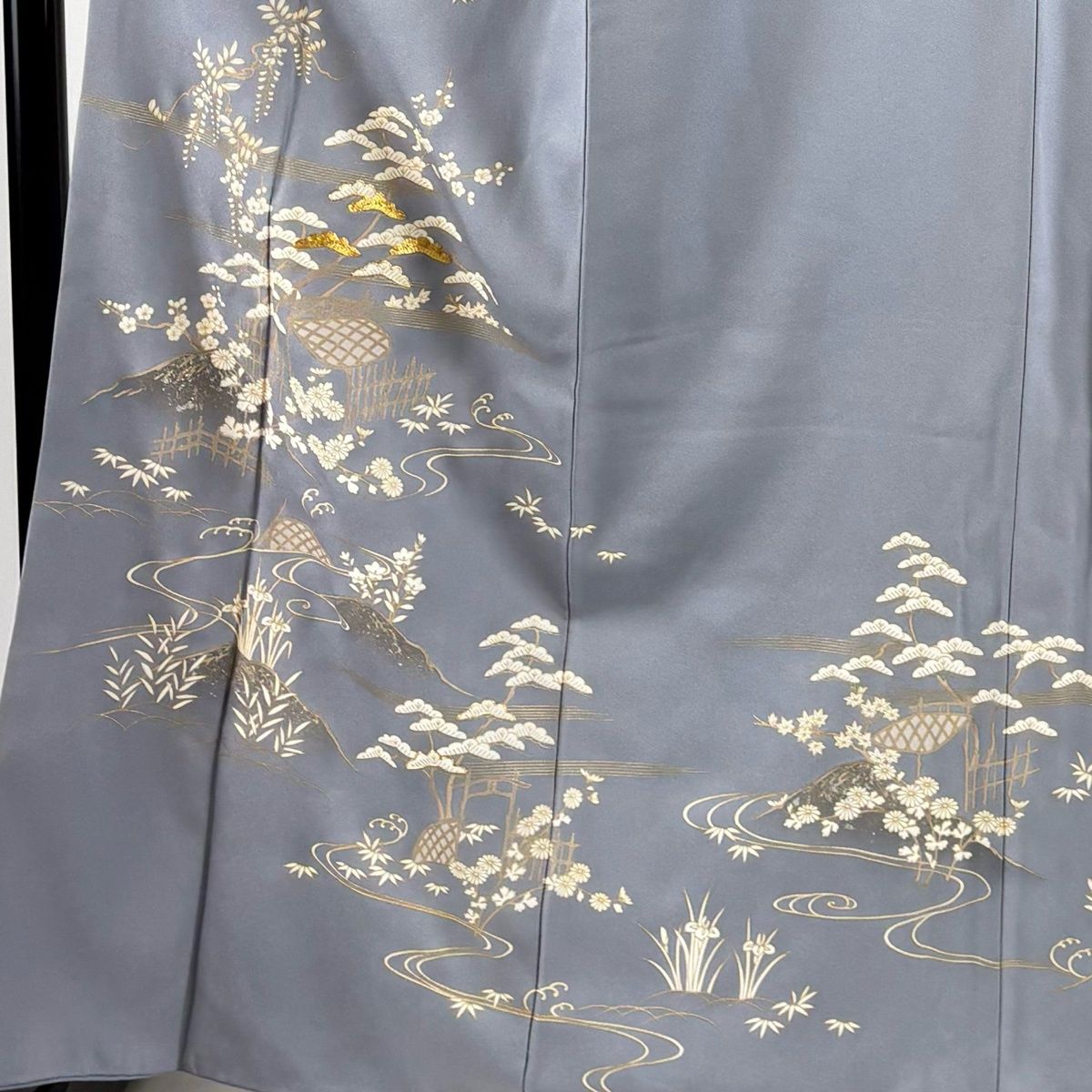 訪問着 身丈167.5cm 裄丈65cm M 袷 松竹梅 草花 金糸 金銀彩 青灰色 正絹 秀品 一つ紋 【中古】