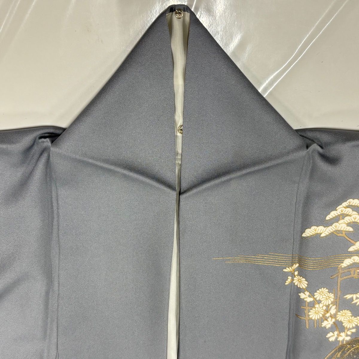 訪問着 身丈167.5cm 裄丈65cm M 袷 松竹梅 草花 金糸 金銀彩 青灰色 正絹 秀品 一つ紋 【中古】