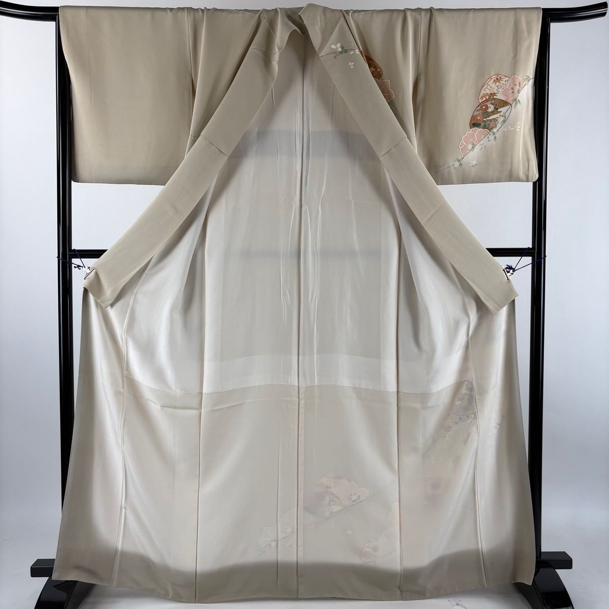 訪問着 身丈164cm 裄丈66cm M 袷 草花 松竹梅 金彩 ぼかし ベージュ 正絹 秀品 【中古】