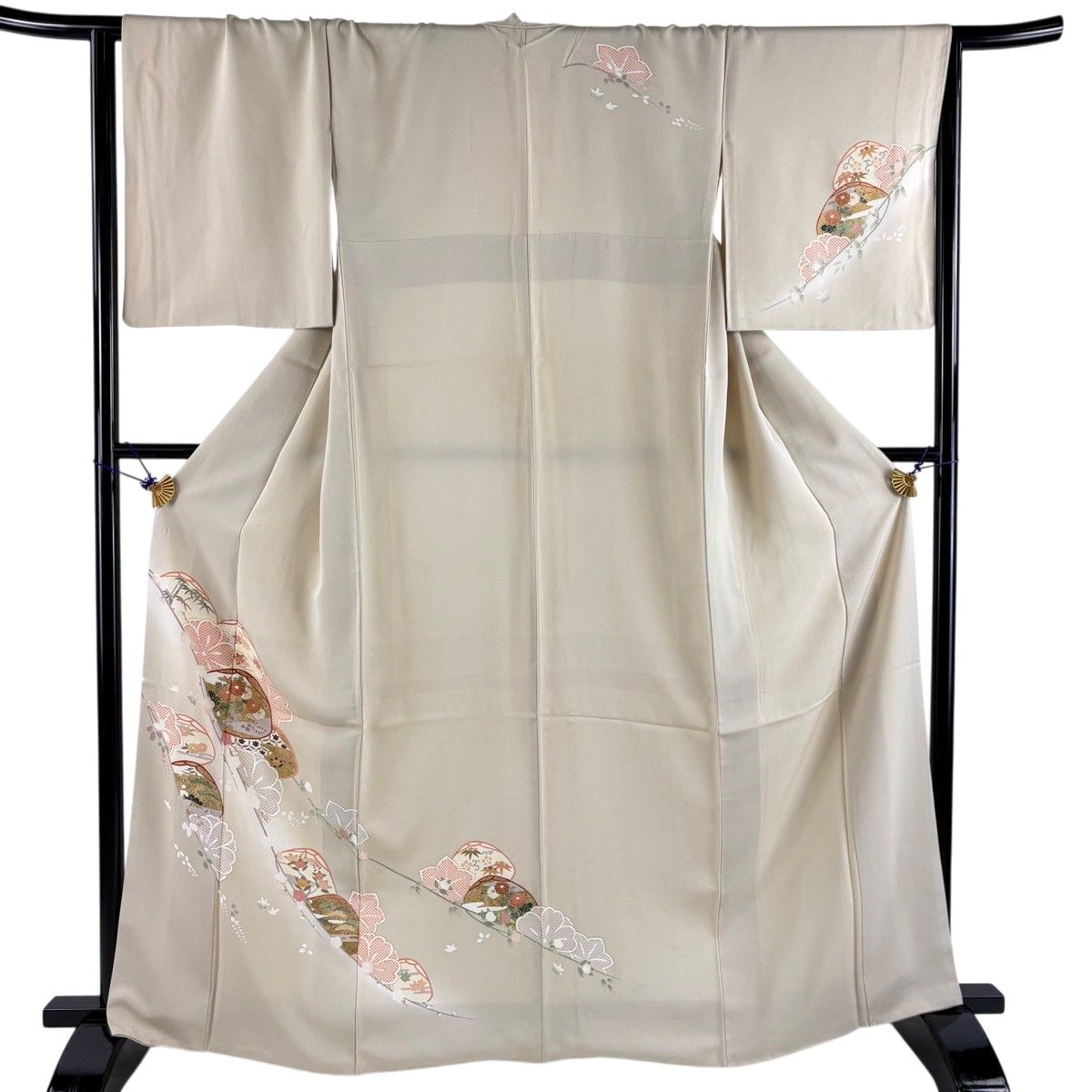 訪問着 身丈164cm 裄丈66cm M 袷 草花 松竹梅 金彩 ぼかし ベージュ 正絹 秀品 【中古】