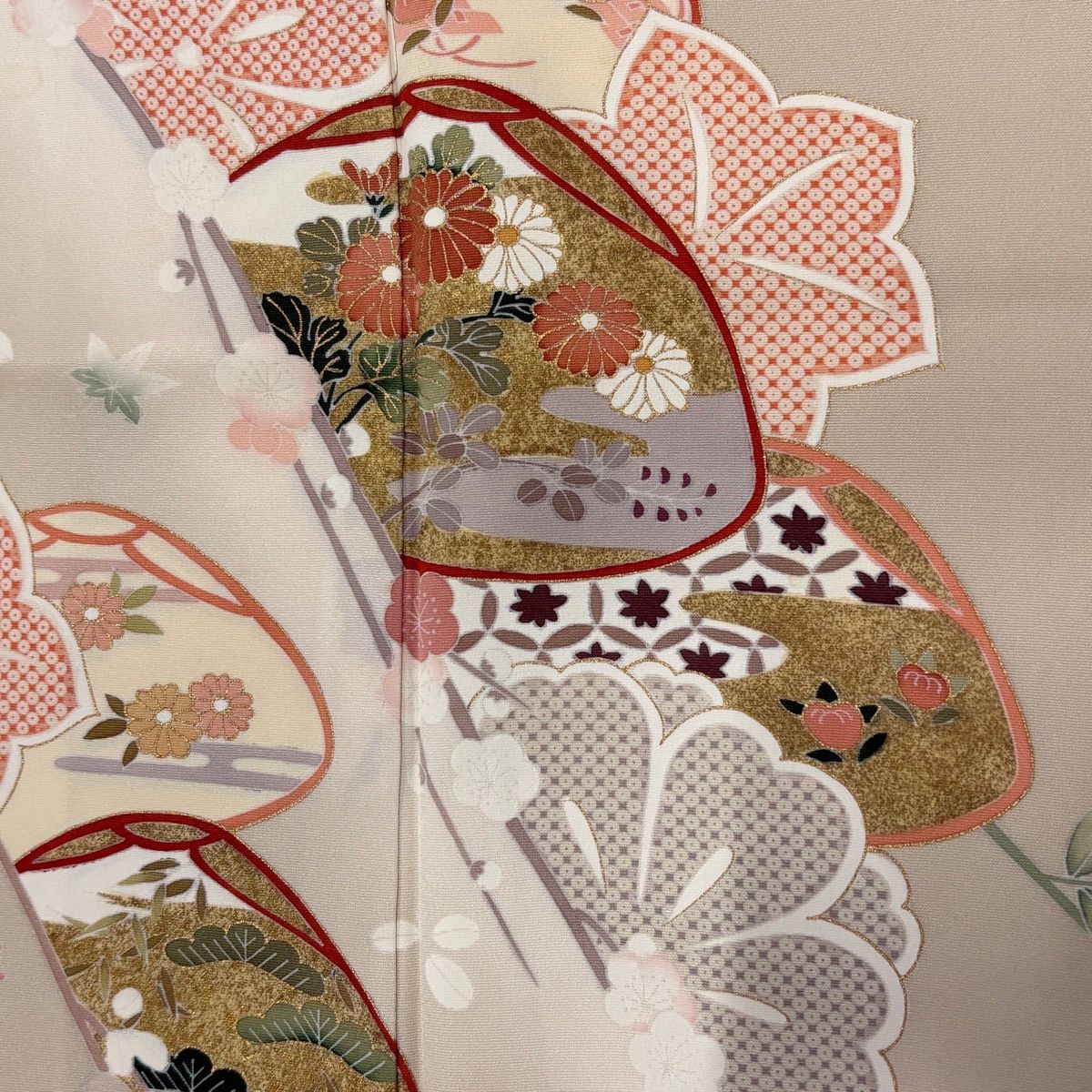 訪問着 身丈164cm 裄丈66cm M 袷 草花 松竹梅 金彩 ぼかし ベージュ 正絹 秀品 【中古】