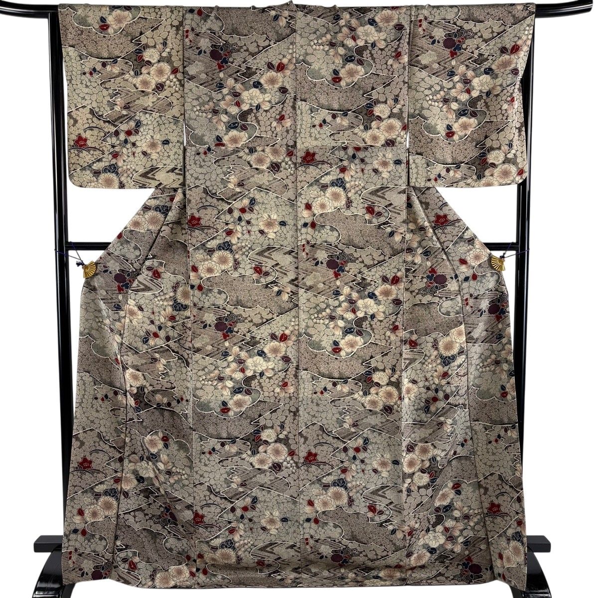 【美品】 小紋 身丈170cm 裄丈67.5cm L 袷 草花 芝 縮緬 灰茶 正絹 秀品 【中古】