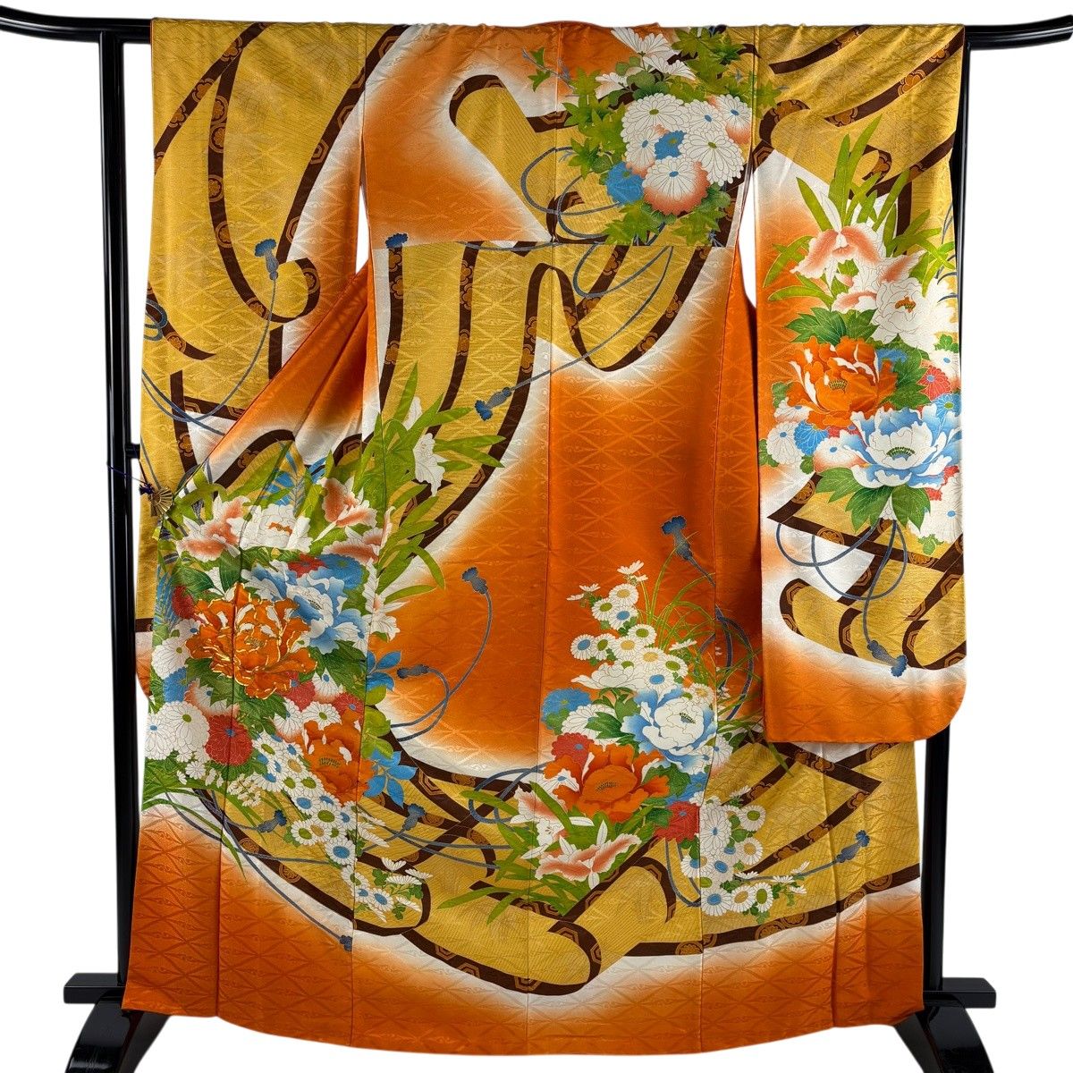 【美品】 振袖 身丈167cm 裄丈63cm S 袷 牡丹 菊 金糸 金彩 オレンジ 正絹 秀品 【中古】