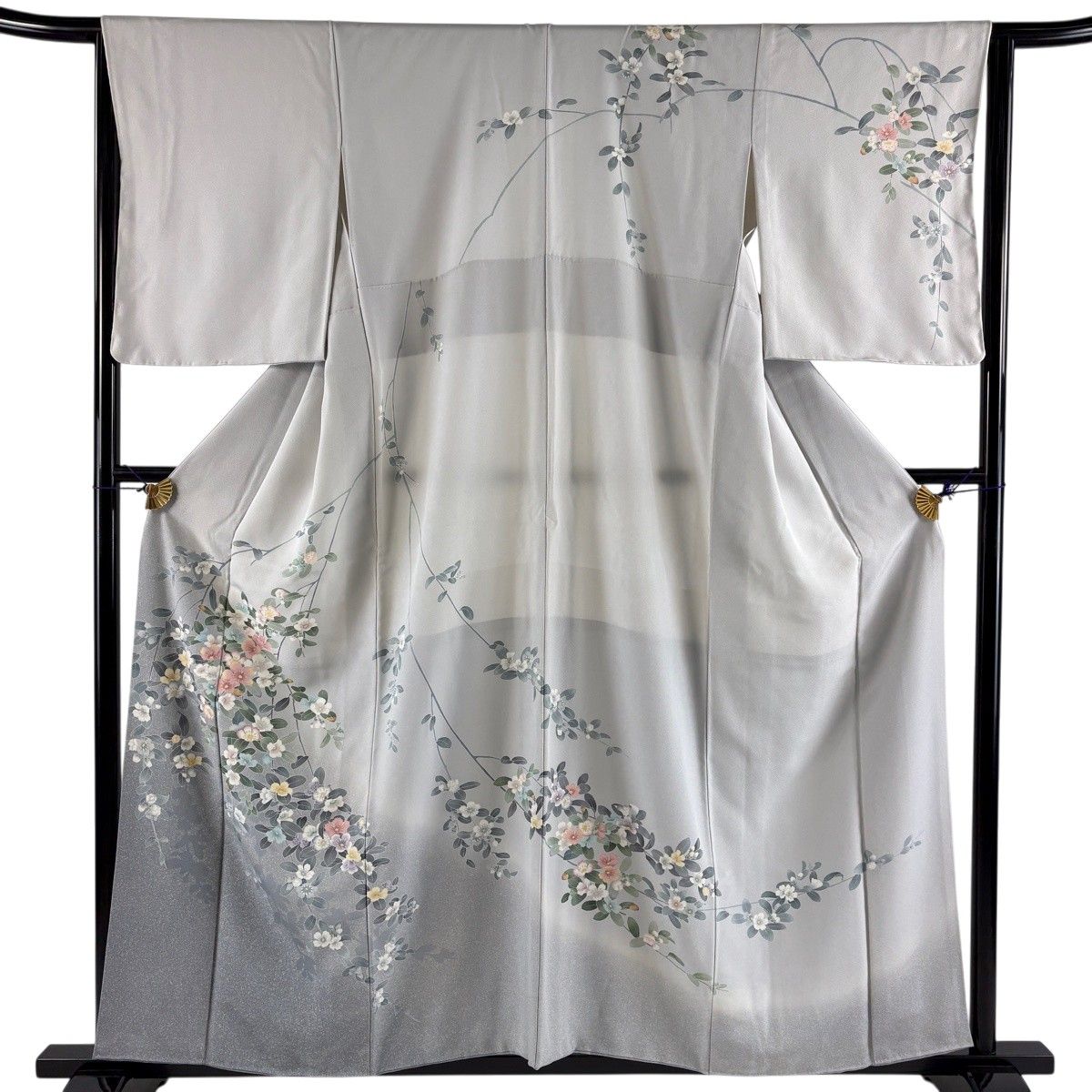 訪問着 身丈157.5cm 裄丈65.5cm M 袷 枝花 シルエット ぼかし 灰色 正絹 秀品 【中古】