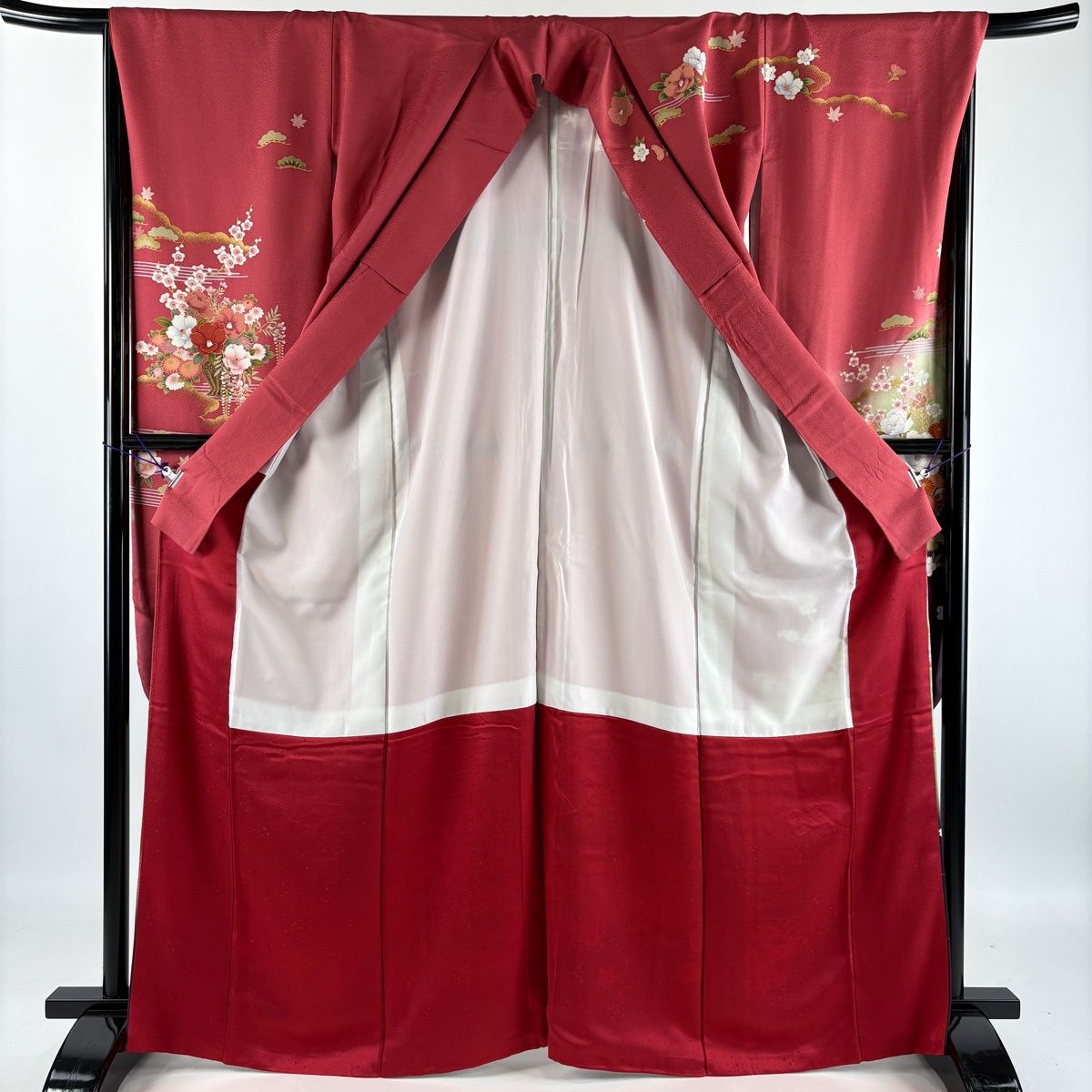 振袖 身丈165cm 裄丈69cm L 袷 花車 流水 金彩 ぼかし ピンク 正絹 秀品 【中古】