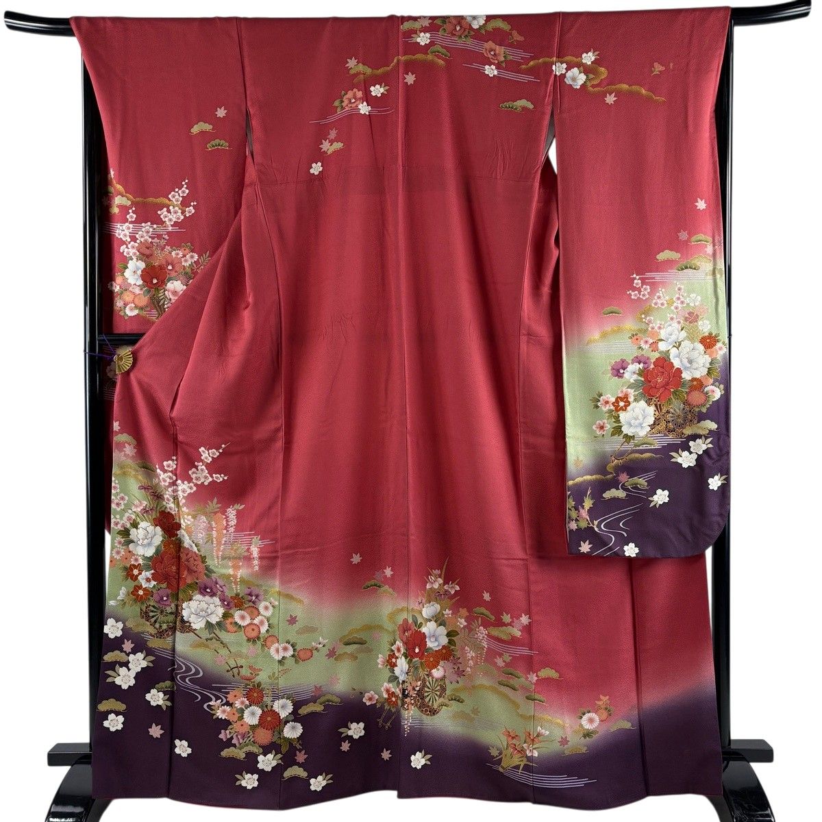 振袖 身丈165cm 裄丈69cm L 袷 花車 流水 金彩 ぼかし ピンク 正絹 秀品 【中古】