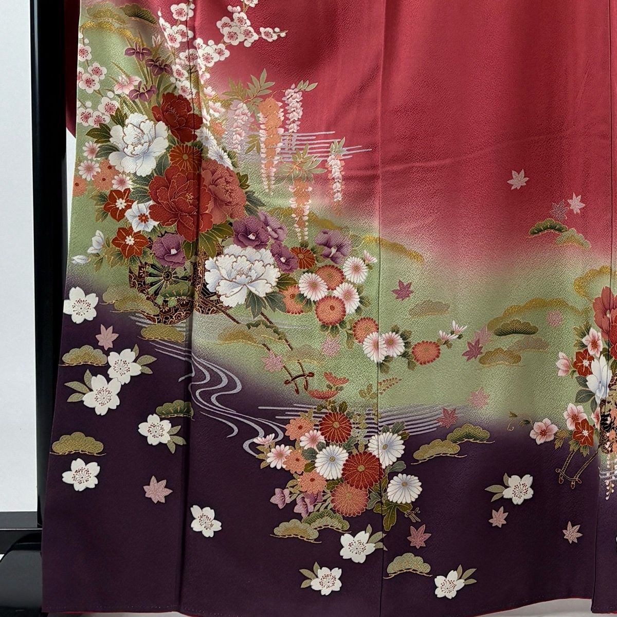 振袖 身丈165cm 裄丈69cm L 袷 花車 流水 金彩 ぼかし ピンク 正絹 秀品 【中古】