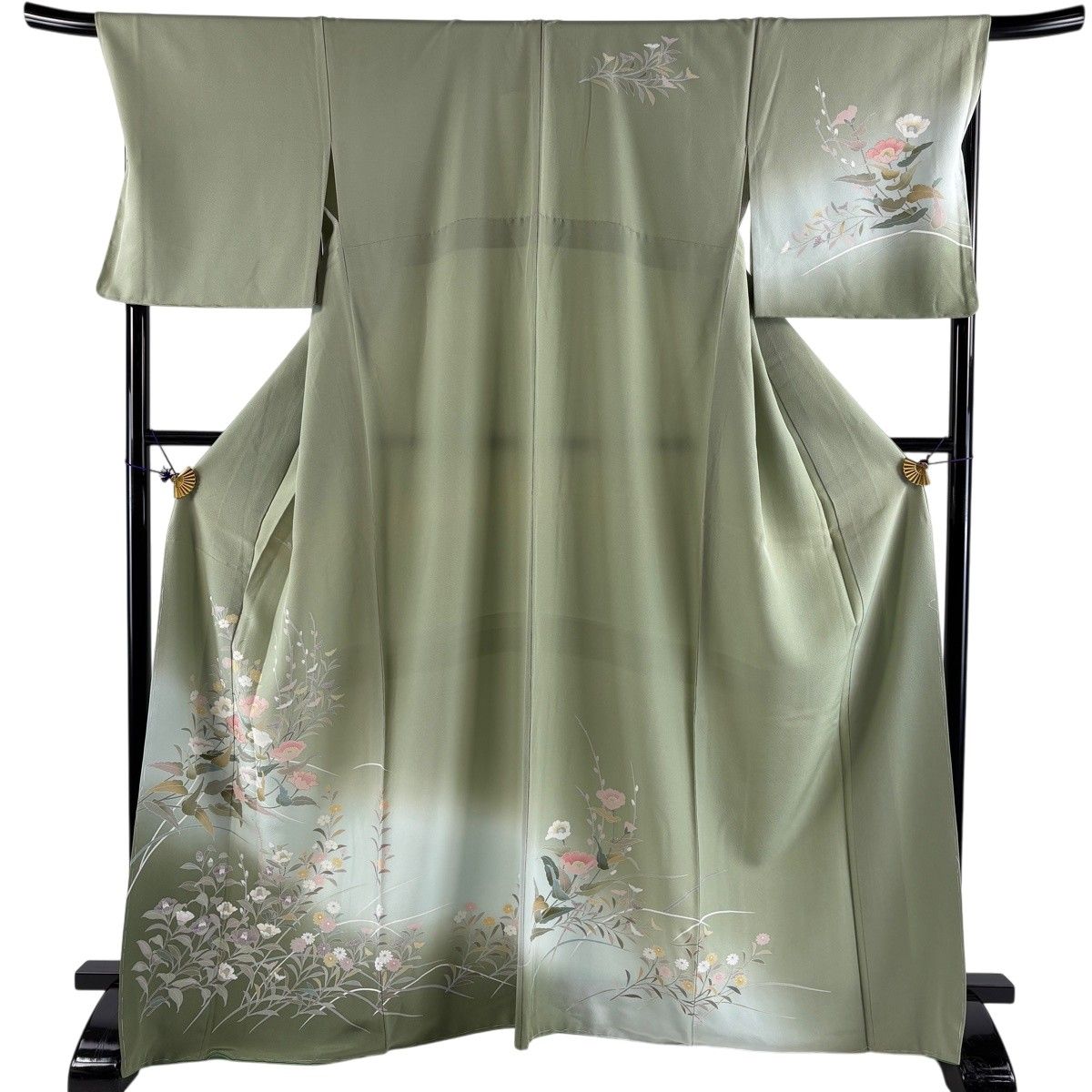訪問着 身丈167.5cm 裄丈71cm L 袷 枝花 草花 ぼかし 灰緑 正絹 秀品 【中古】