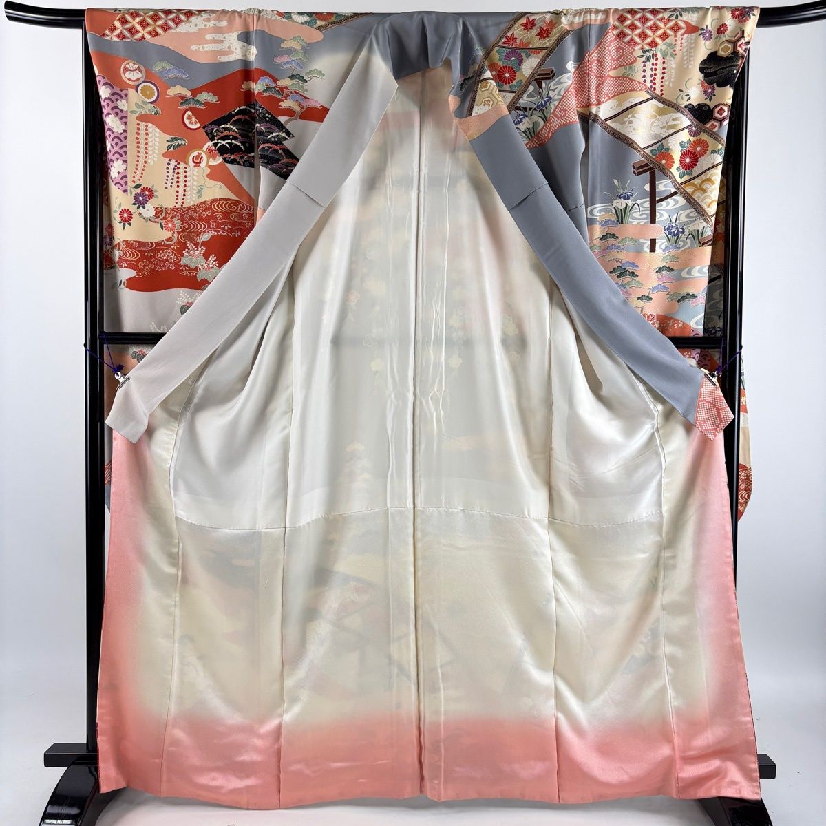 振袖 身丈166cm 裄丈68cm L 袷 橋 草花 金糸 金銀彩 薄オレンジ 正絹 秀品 【中古】
