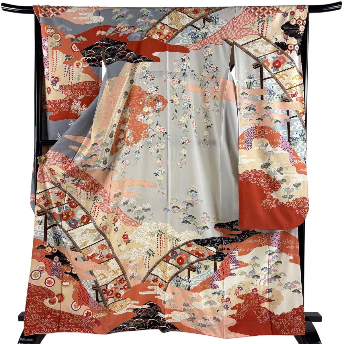 振袖 身丈166cm 裄丈68cm L 袷 橋 草花 金糸 金銀彩 薄オレンジ 正絹 秀品 【中古】