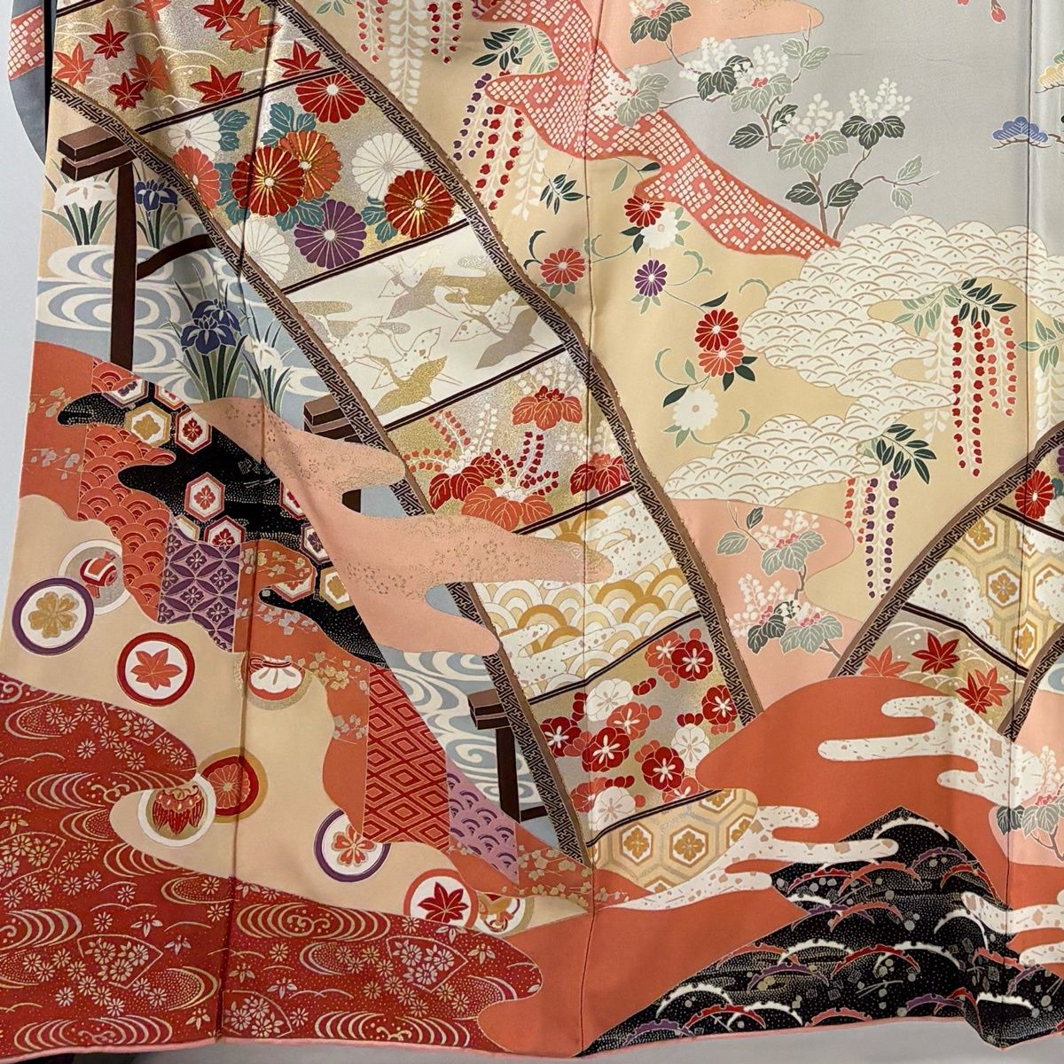 振袖 身丈166cm 裄丈68cm L 袷 橋 草花 金糸 金銀彩 薄オレンジ 正絹 秀品 【中古】