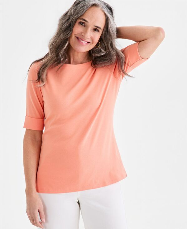 スタイルアンドコー レディース トップス シャツ コットン Style Co Womens BoatNeck Elbow Sleeve Cotton Top Exclusively at Macys
