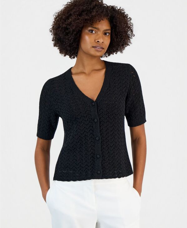 カスパール レディース アウター ニット・セーター 半袖 カーディガン Kasper Womens Textured Stitch ShortSleeve Cardigan Black ブラック