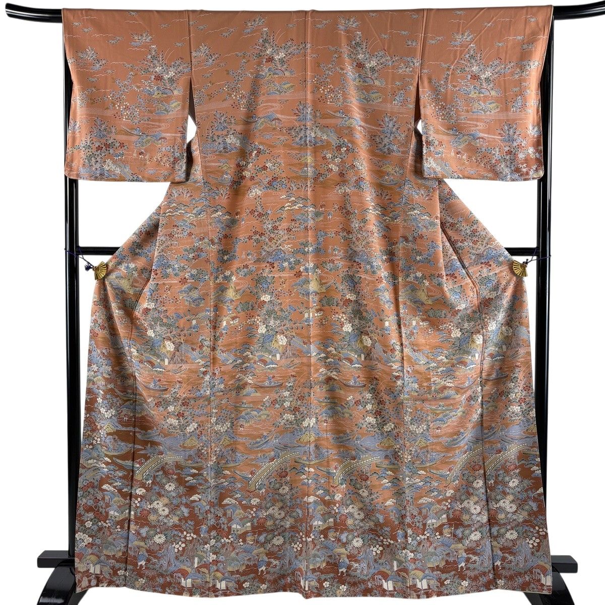 訪問着 身丈167cm 裄丈65.5cm M 袷 風景 人物 金彩 ぼかし ピンクベージュ 正絹 秀品 【中古】