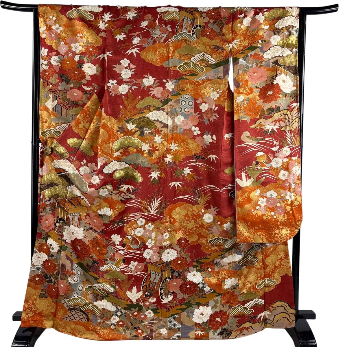 振袖 身丈167cm 裄丈65cm M 袷 御所車 松竹梅 金糸 金彩 茜色 正絹 秀品 【中古】