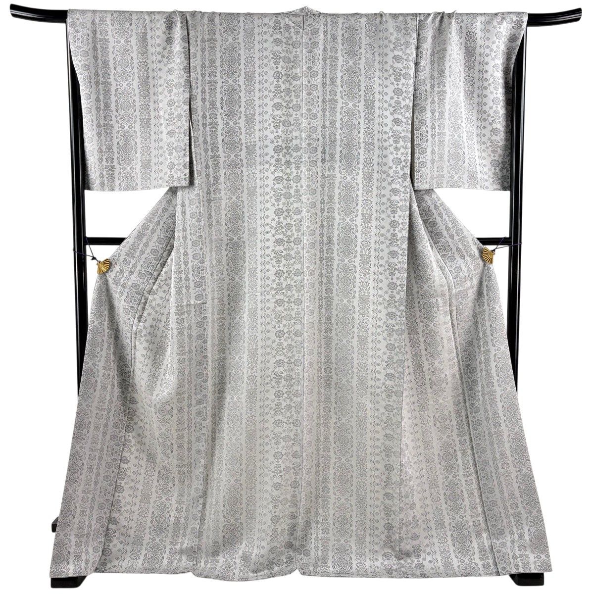 【美品】 お召 身丈173cm 裄丈70cm L 袷 草花 幾何学 灰白 正絹 逸品 【中古】