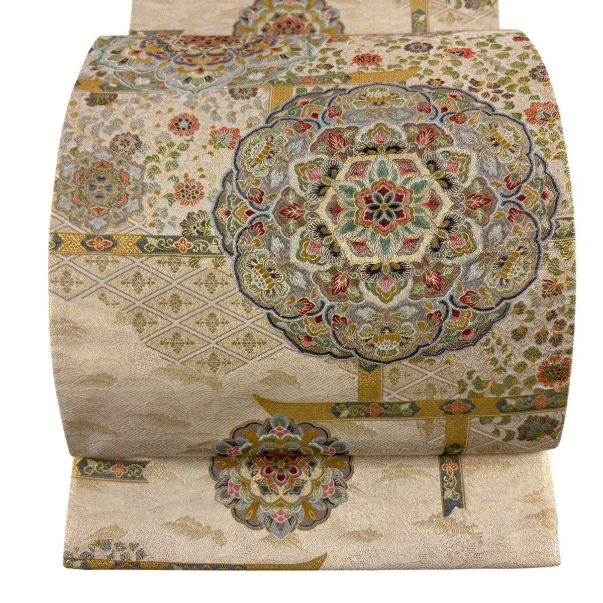 袋帯 逸品 華文 草花 金銀糸 箔 ベージュ 六通 正絹 【中古】