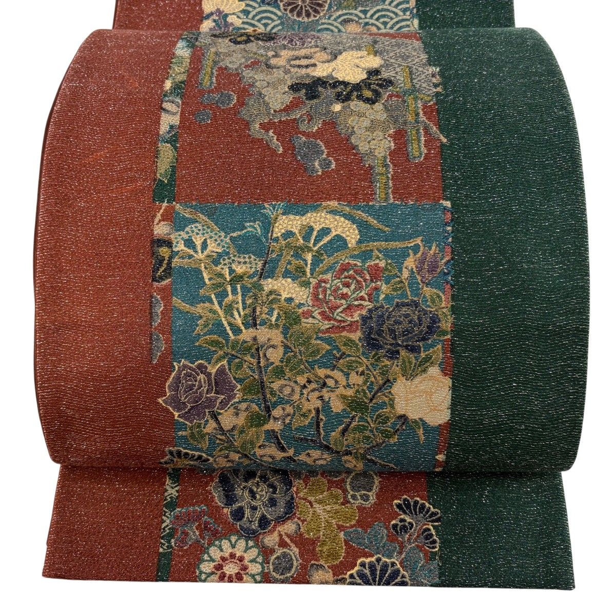 【美品】 袋帯 逸品 前田仁仙 落款 草花 青海波 箔 赤茶 全通 正絹 【中古】
