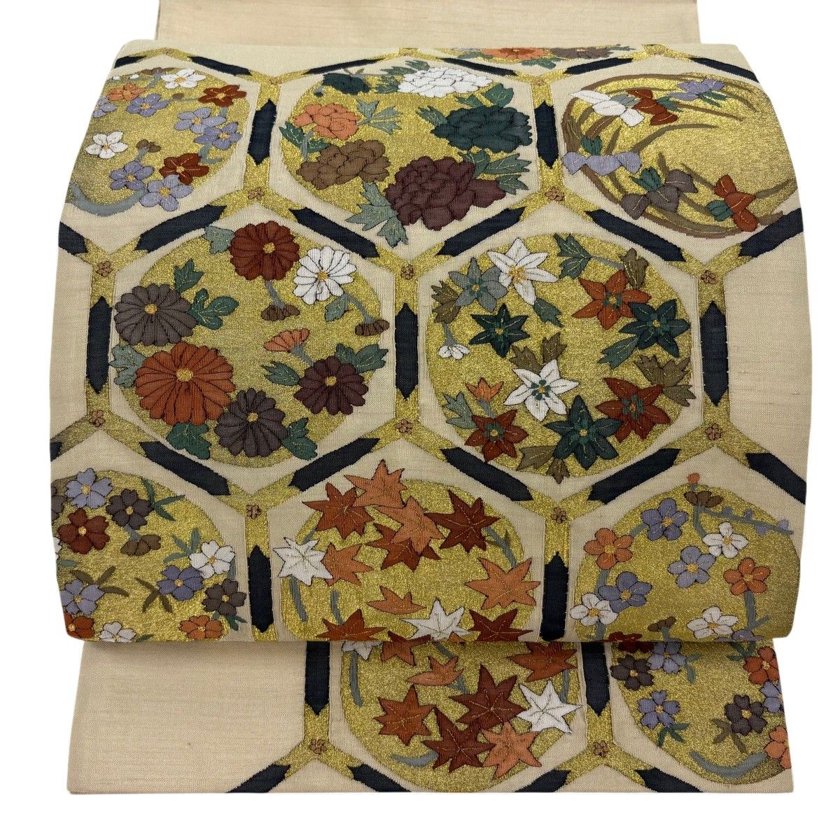 袋帯 逸品 亀甲 草花 金糸 ベージュ お太鼓柄 正絹 【中古】