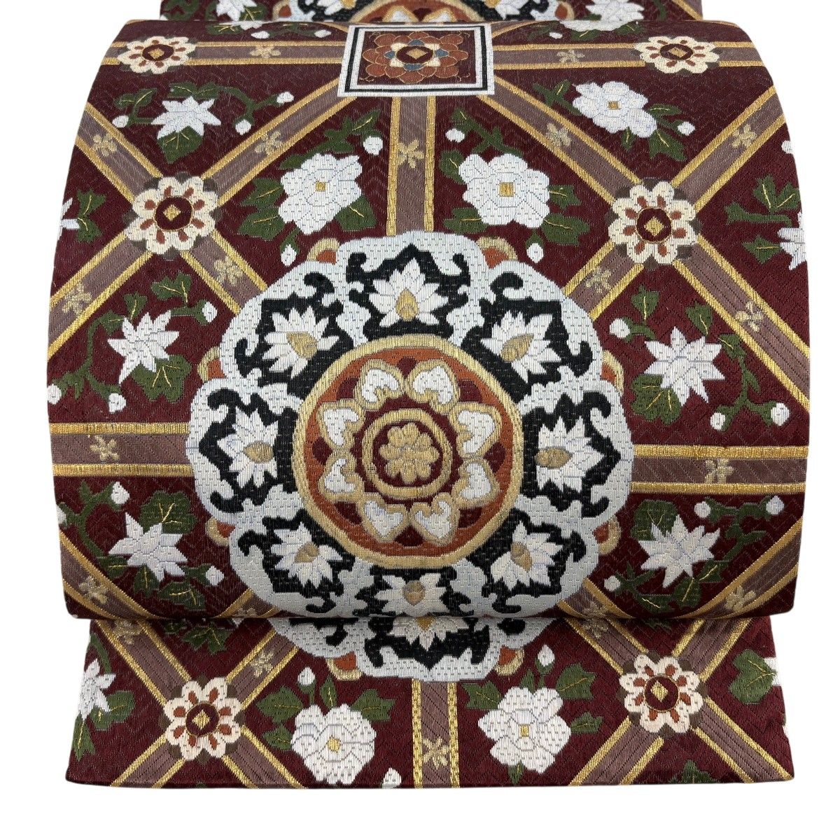 袋帯 逸品 絽刺し 華文 草花 金糸 箔 赤茶 全通 正絹 【中古】 41,470円