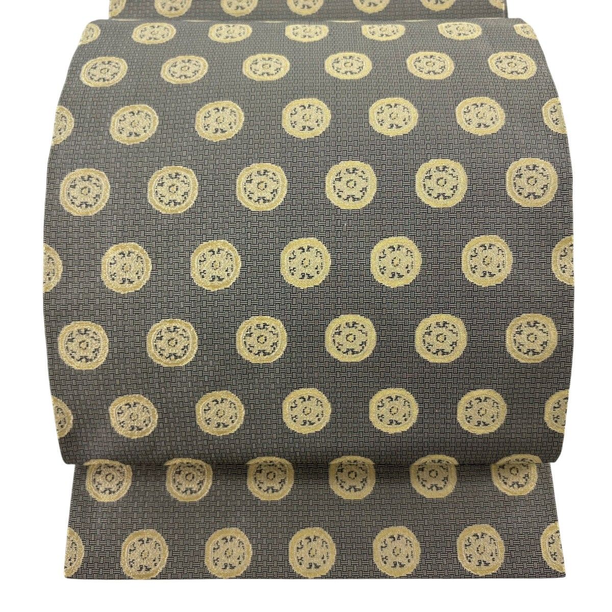 【美品】 開き名古屋帯 逸品 龍村美術織物 丸文 金糸 黒灰 正絹 【中古】