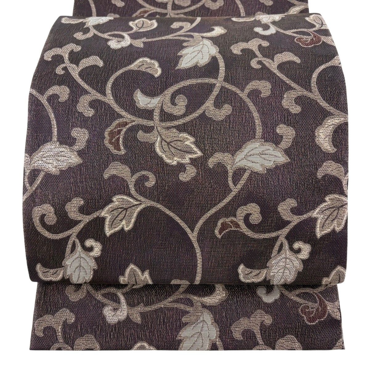 美品】 袋帯 逸品 となみ織物 落款 羅織 唐草 金糸 茶紫 六通 正絹