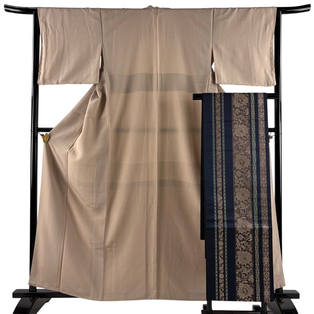 【美品】 小紋 身丈160cm 裄丈65cm M 袷 名古屋帯セット 幾何学 薄小豆 正絹 秀品 【中古】