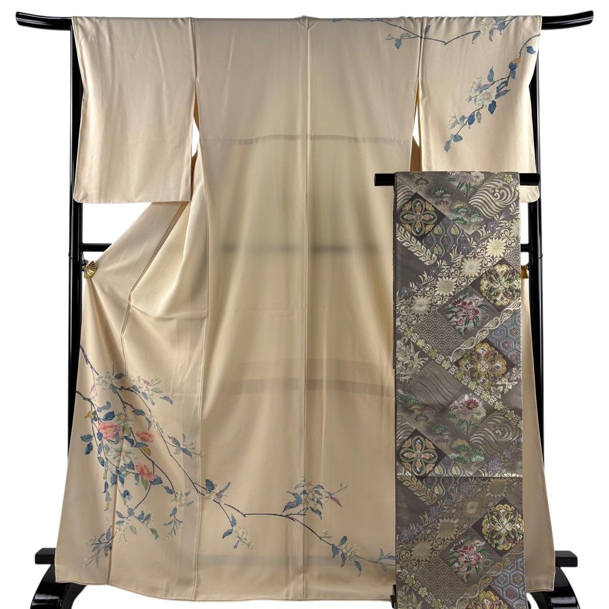 【美品】 訪問着 身丈169cm 裄丈67.5cm L 袷 袋帯セット 落款 枝花 ベージュ 正絹 秀品 【中古】