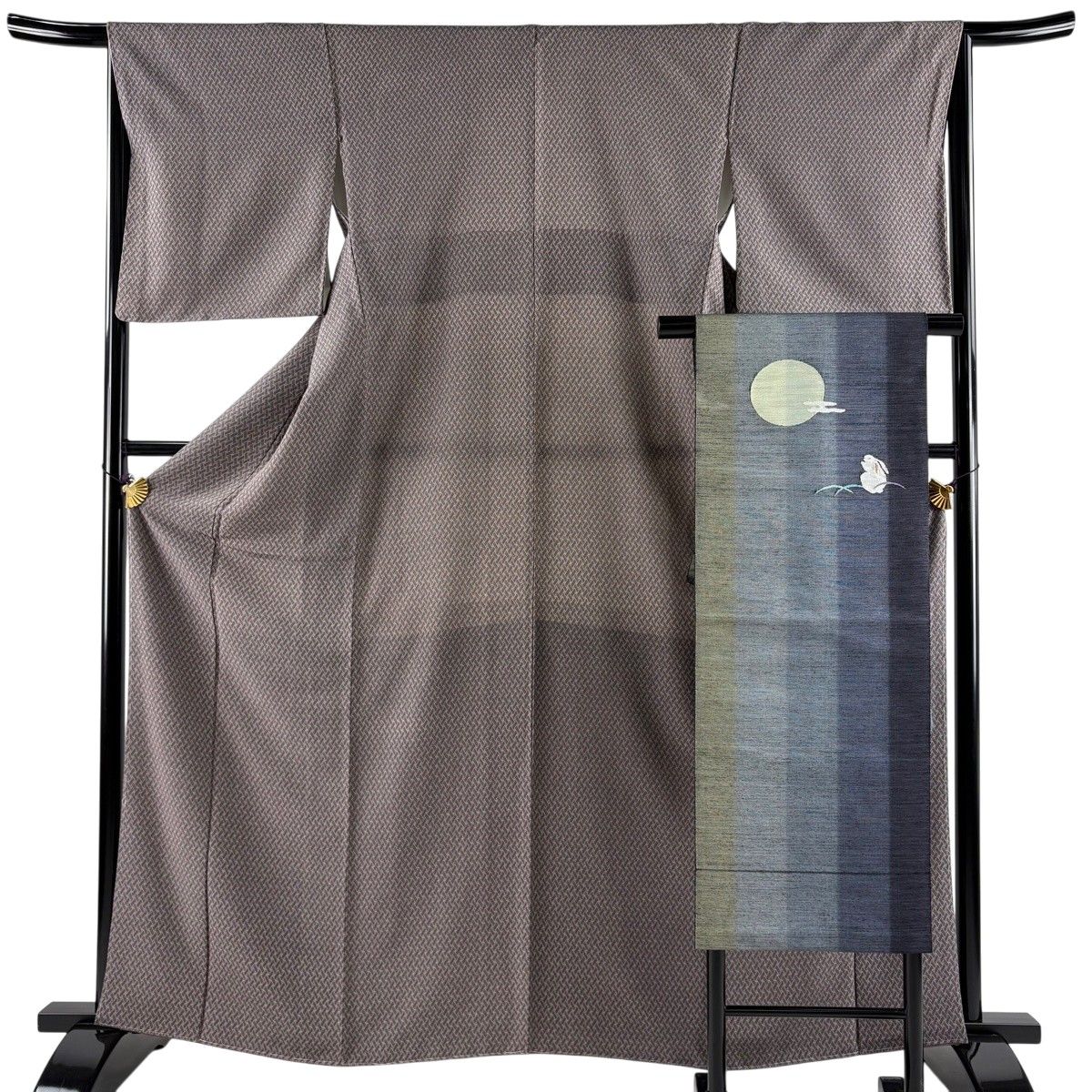 【美品】 小紋 身丈164cm 裄丈66.5cm M 袷 名古屋帯セット 幾何学 灰紫 正絹 秀品 【中古】