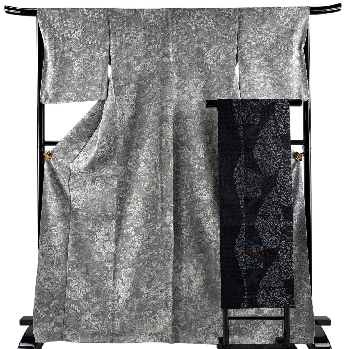 【美品】 小紋 身丈170cm 裄丈67cm M 袷 名古屋帯セット 雪輪 草花 紋意匠 灰色 正絹 名品 【中古】