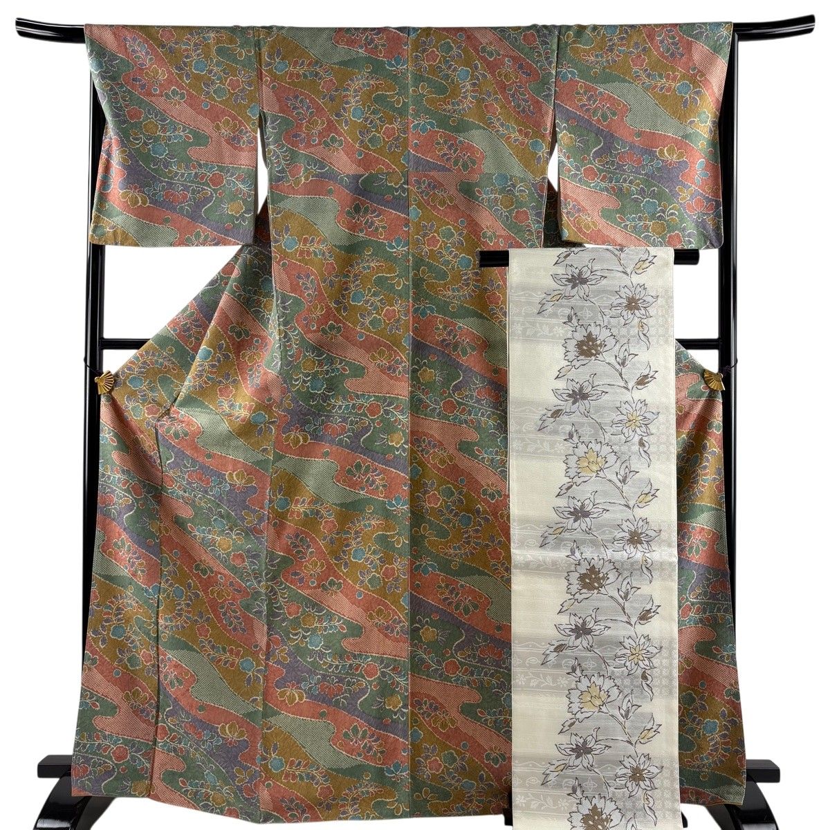 【美品】 小紋 身丈168.5cm 裄丈68cm L 袷 袋帯セット 霞霞 草花 ピンクベージュ 正絹 名品 【中古】