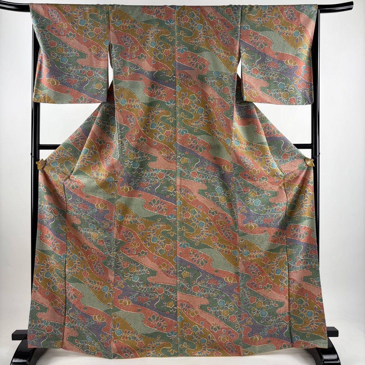 【美品】 小紋 身丈168.5cm 裄丈68cm L 袷 袋帯セット 霞霞 草花 ピンクベージュ 正絹 名品 【中古】