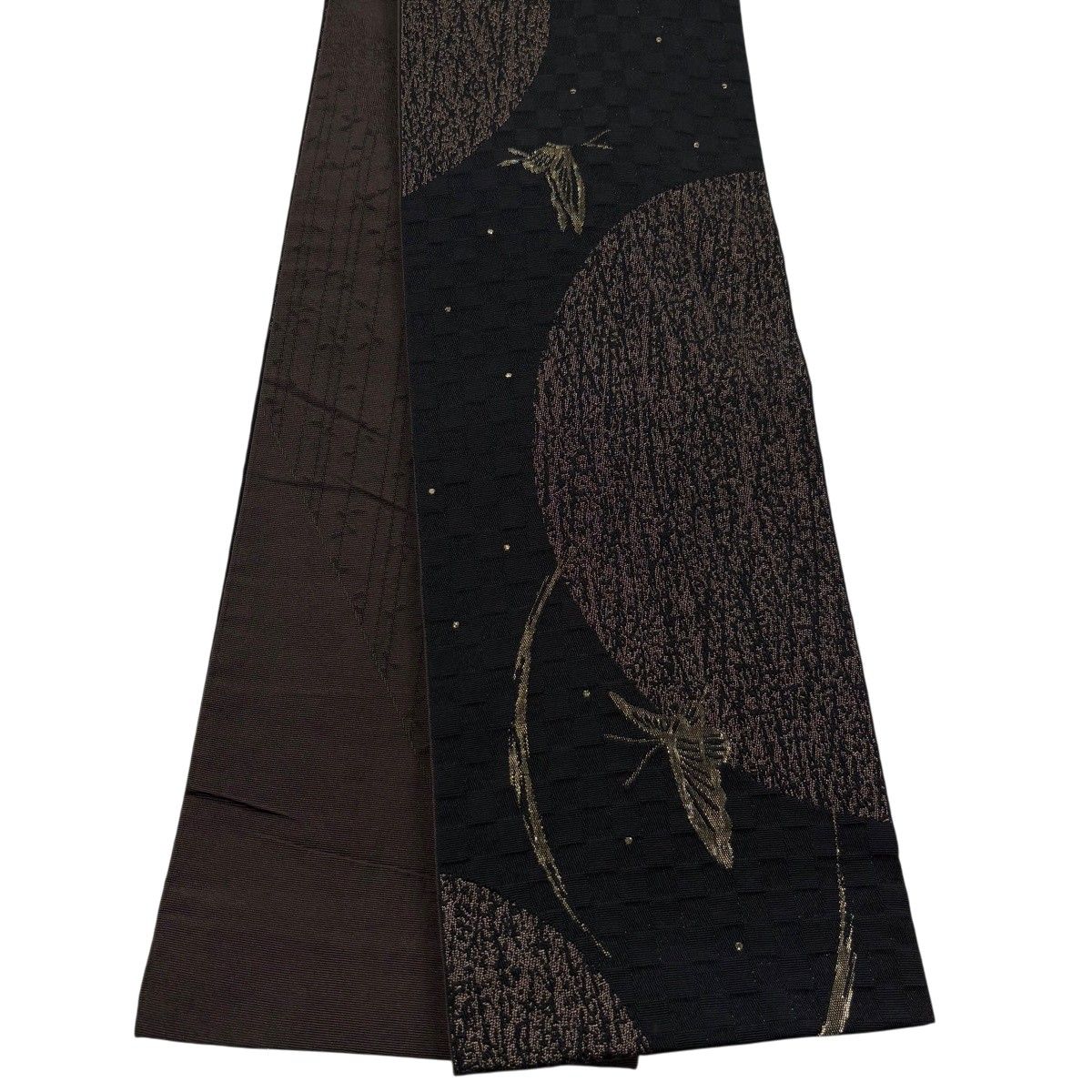 【美品】半幅帯 優品 蝶 市松 箔 黒 化繊 【中古】