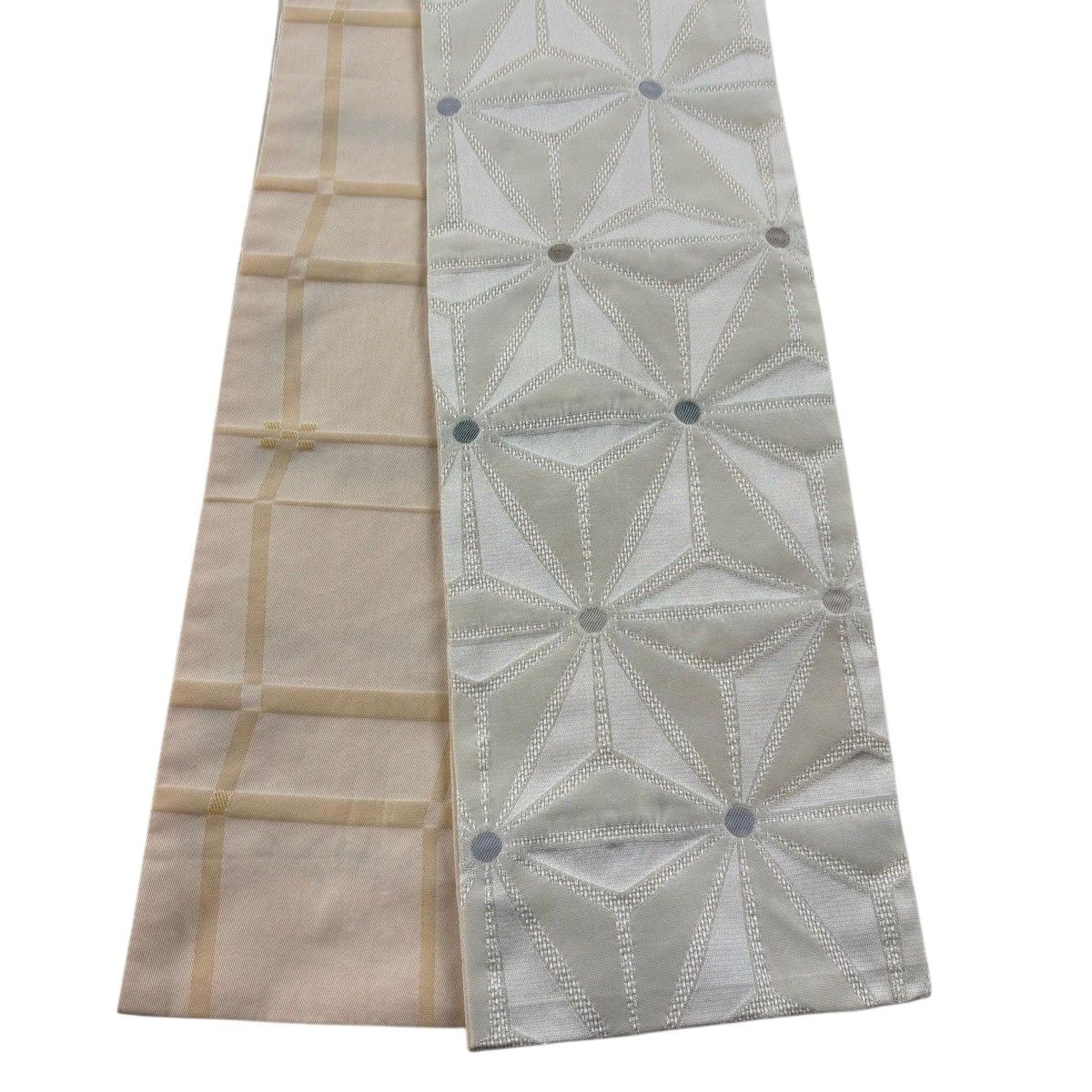 半幅帯 優品 麻の葉 クリーム 化繊 【中古】