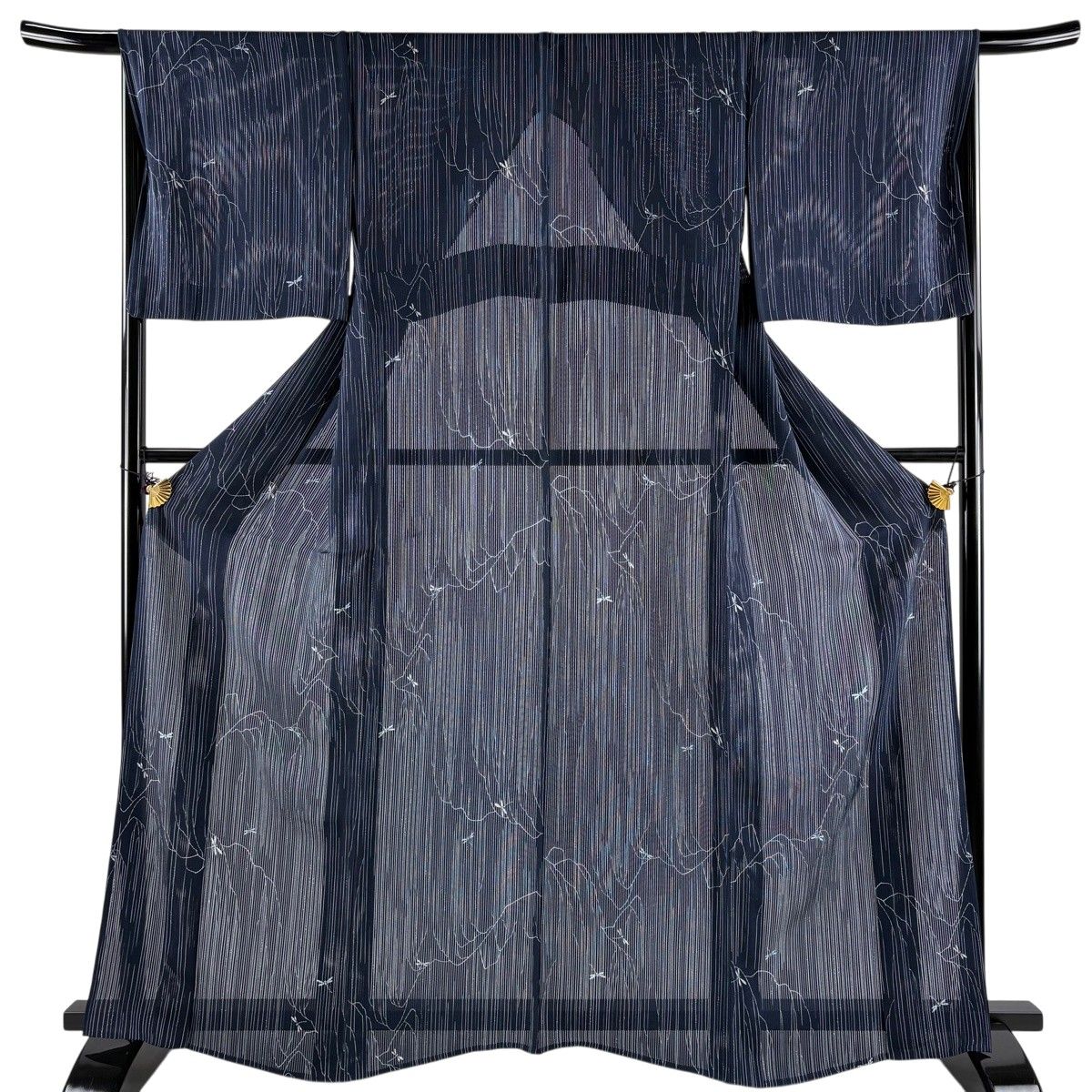 【美品】 小紋 身丈164cm 裄丈66cm M 薄物 縦絽 きぬたや トンボ 柳 紺色 正絹 名品 【中古】
