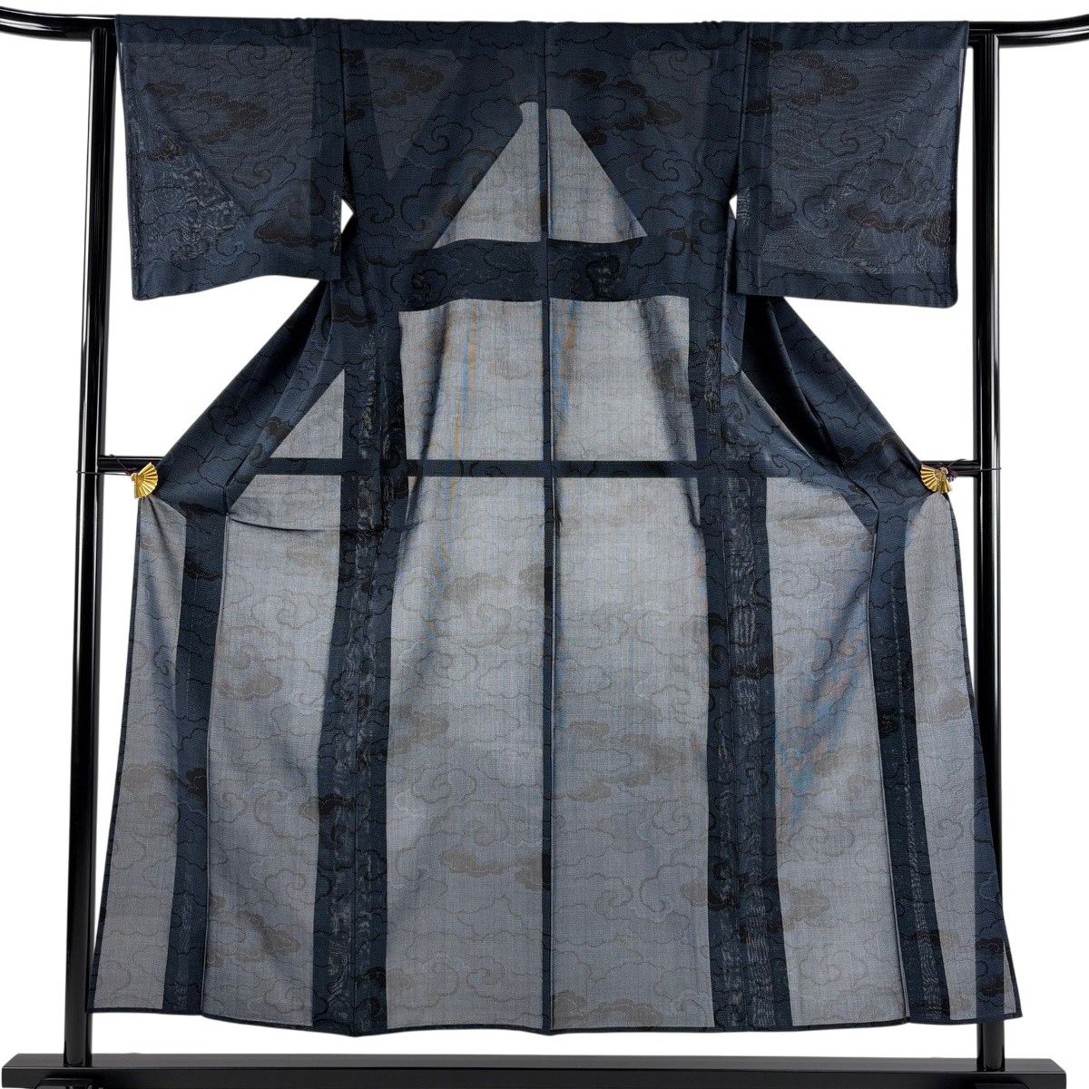 【美品】 大島紬 身丈155.5cm 裄丈62cm S 薄物 夏大島紬 証紙 瑞雲 紺色 正絹 名品 【中古】