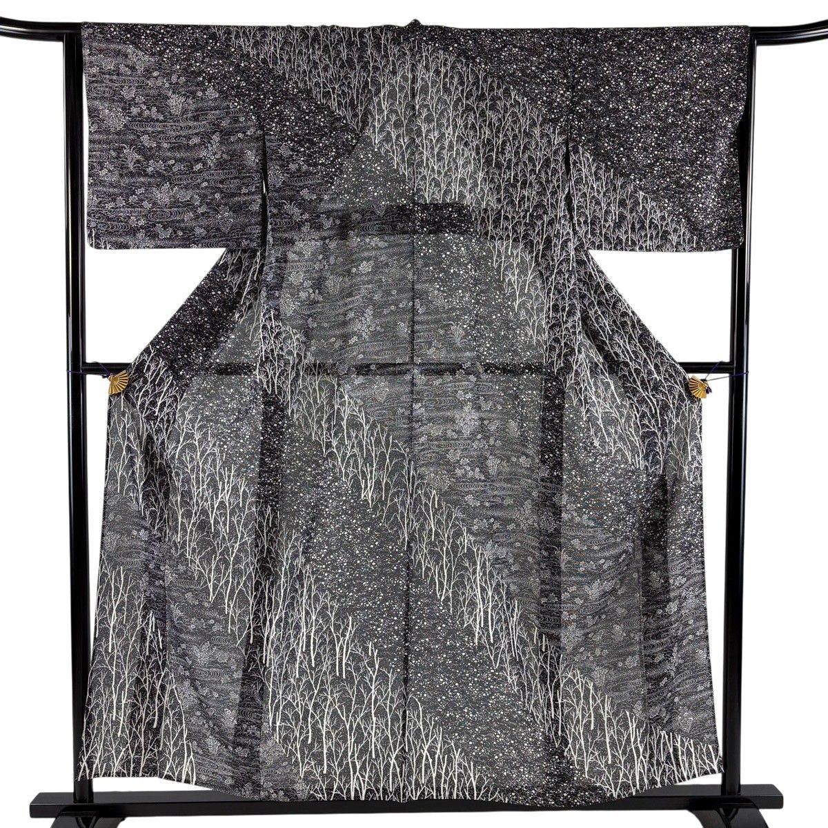 訪問着 身丈156cm 裄丈63.5cm S 薄物 絽 草花 樹木 黒 正絹 名品 【中古】