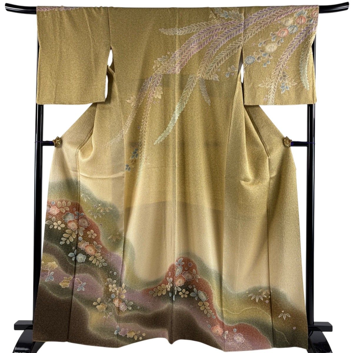 訪問着 身丈164cm 裄丈69.5cm L 袷 桜 笹 金彩 絞り ベージュ 正絹 名品 【中古】