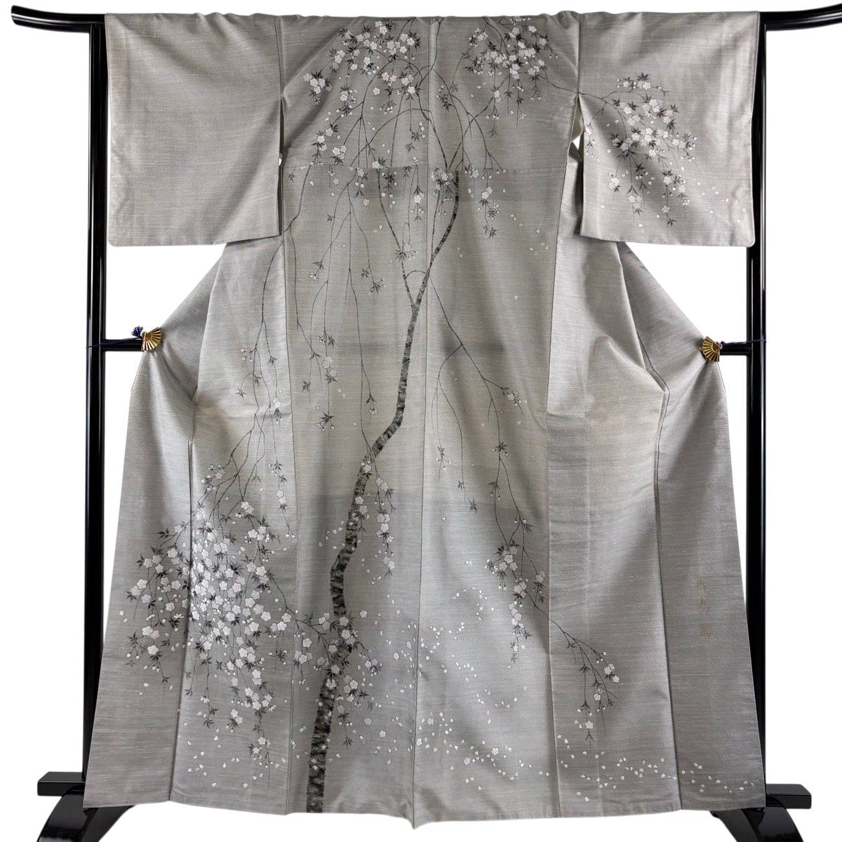 訪問着 身丈163cm 裄丈65cm M 袷 紬地 落款 枝垂れ桜 花びら 灰色 正絹 名品 【中古】