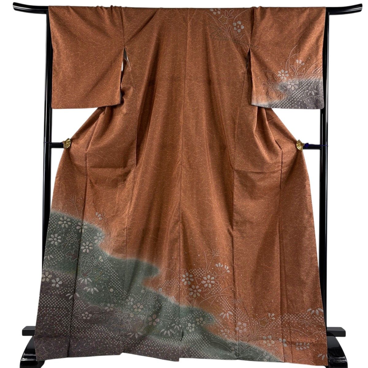 【美品】 訪問着 身丈171cm 裄丈68.5cm L 袷 紬地 草花 霞 絞り 染め分け 赤茶 正絹 名品 【中古】