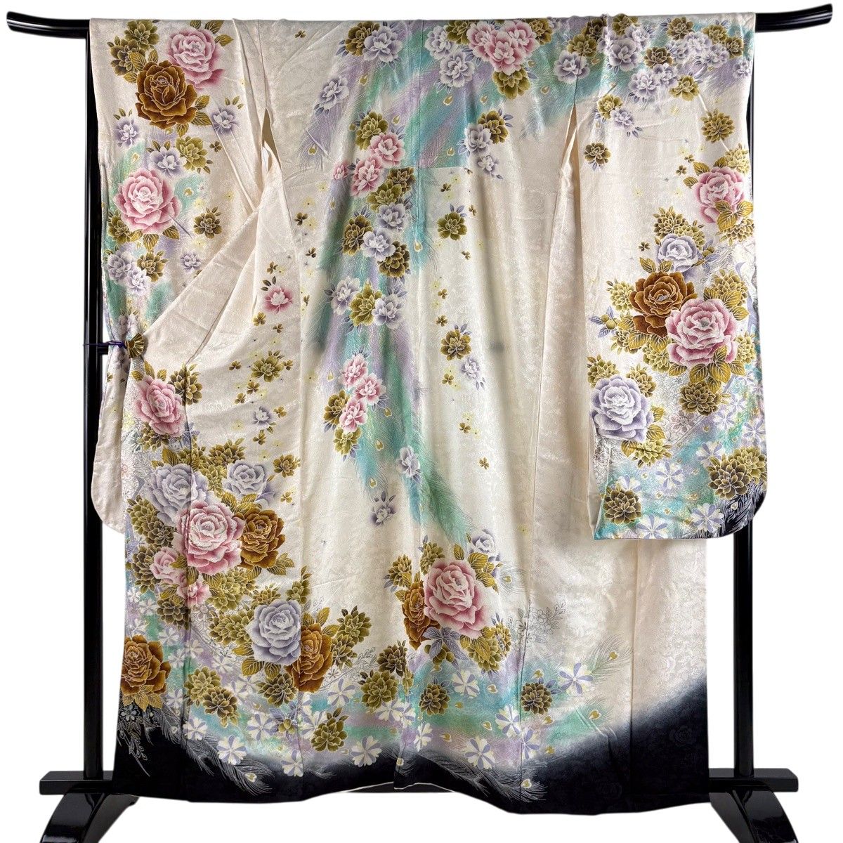 振袖 身丈159.5cm 裄丈69.5cm L 袷 薔薇 草花 箔 金糸 クリーム 正絹 名品 【中古】 14,664円