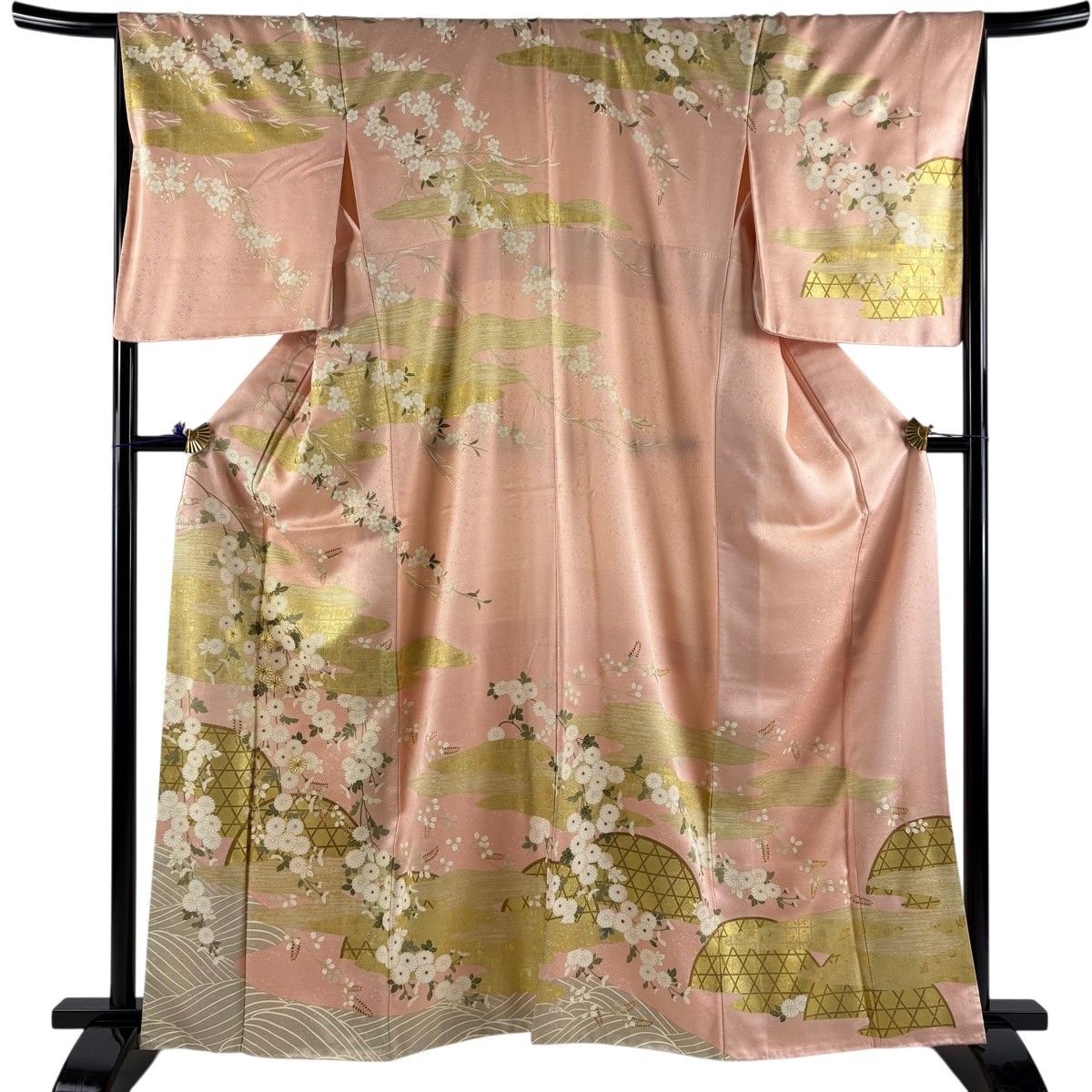 訪問着 身丈161.5cm 裄丈67.5cm L 袷 鈴乃屋 菊 間垣 金糸 金彩 ピンク 正絹 名品 【中古】
